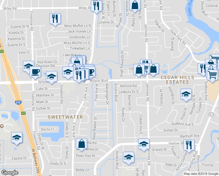 map of restaurants, bars, coffee shops, grocery stores, and more near 3701 Macgregor Drive in Jacksonville
