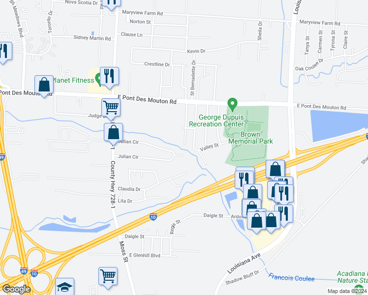 map of restaurants, bars, coffee shops, grocery stores, and more near 201 Julian Circle in Lafayette