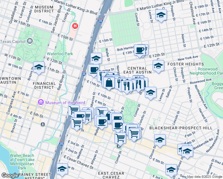 map of restaurants, bars, coffee shops, grocery stores, and more near 1133 East 11th Street in Austin