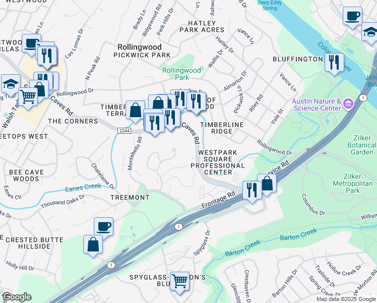 map of restaurants, bars, coffee shops, grocery stores, and more near 2705 Bee Caves Road in Austin