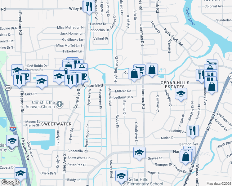map of restaurants, bars, coffee shops, grocery stores, and more near 3704 Rodby Drive in Jacksonville