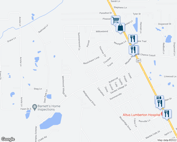 map of restaurants, bars, coffee shops, grocery stores, and more near 5635 Shadowbend Circle North in Lumberton