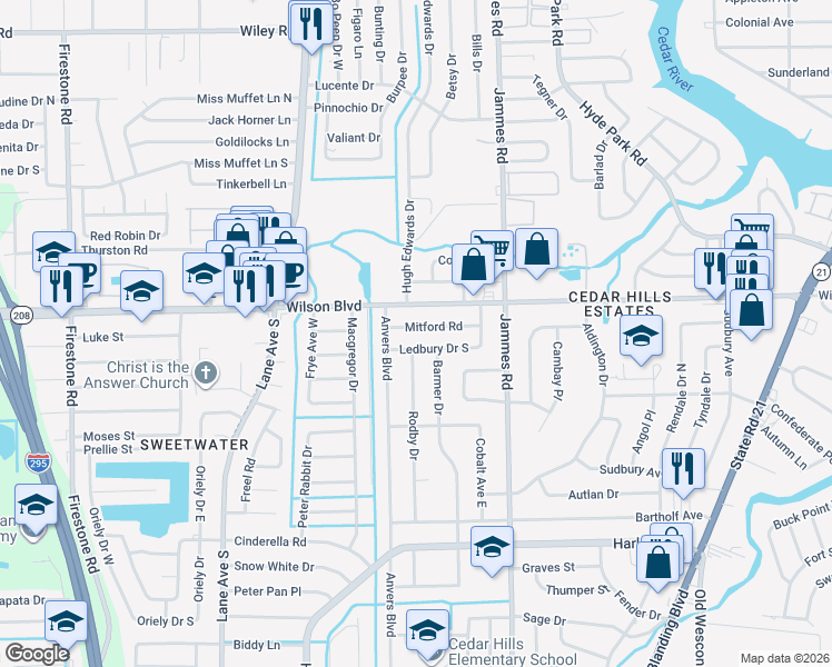 map of restaurants, bars, coffee shops, grocery stores, and more near 6520 Mitford Road in Jacksonville