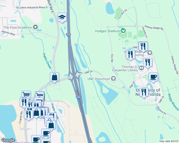 map of restaurants, bars, coffee shops, grocery stores, and more near 4567 Saint Johns Bluff Road South in Jacksonville