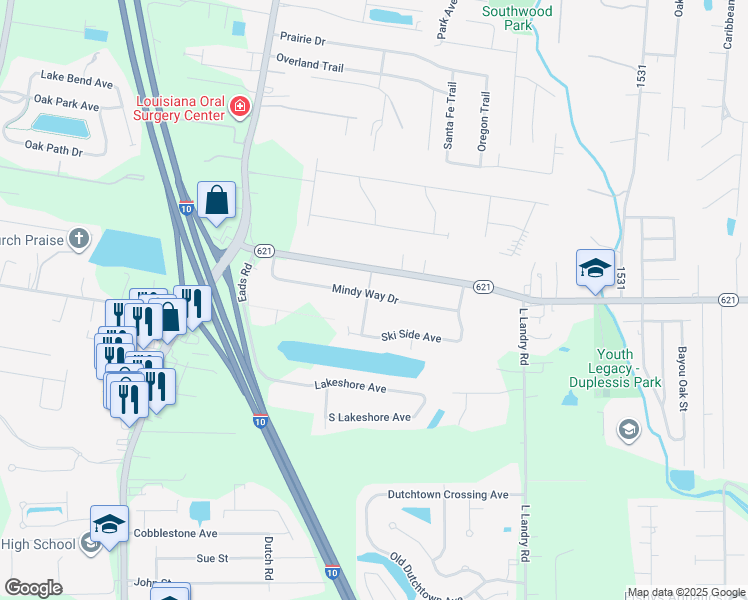 map of restaurants, bars, coffee shops, grocery stores, and more near 13604 Slalom Way Drive in Prairieville
