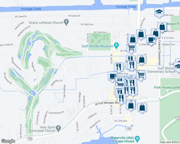 map of restaurants, bars, coffee shops, grocery stores, and more near Lankford Road in Gulf Shores