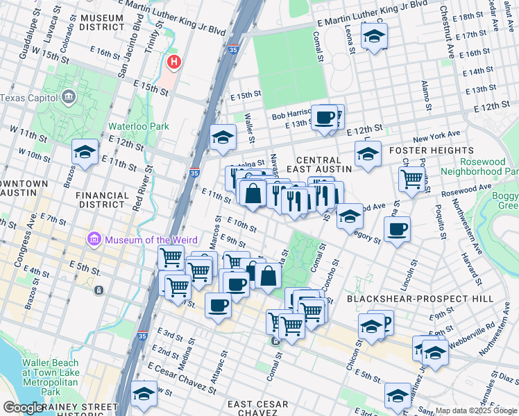 map of restaurants, bars, coffee shops, grocery stores, and more near 1104 East 11th Street in Austin