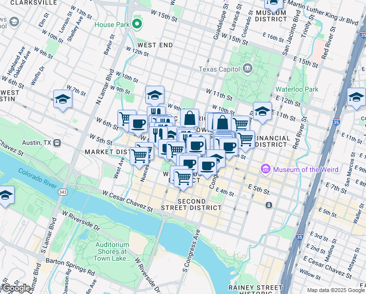 map of restaurants, bars, coffee shops, grocery stores, and more near 610 Guadalupe Street in Austin