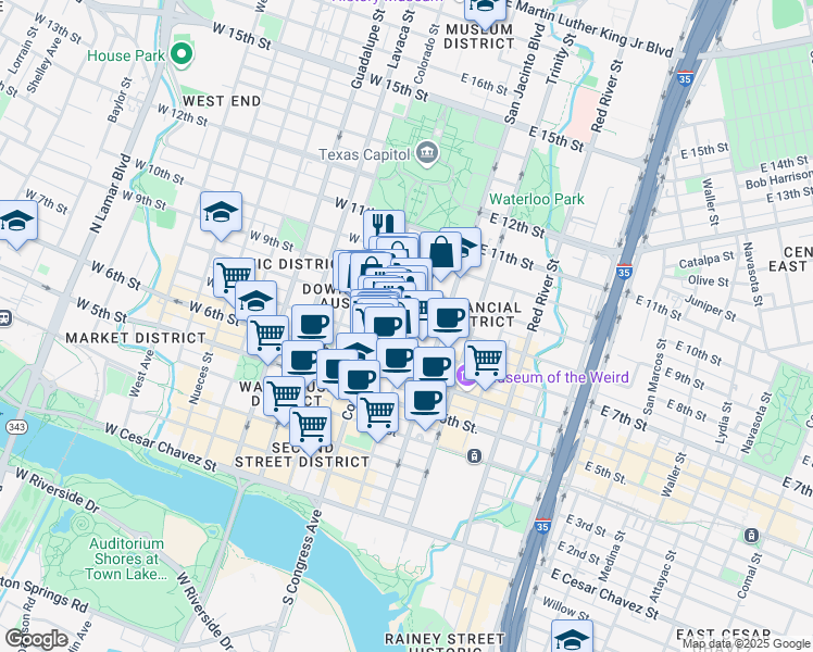 map of restaurants, bars, coffee shops, grocery stores, and more near 106 East 8th Street in Austin