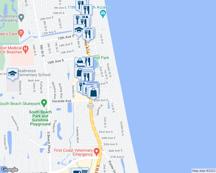 map of restaurants, bars, coffee shops, grocery stores, and more near 2200 Ocean Drive South in Jacksonville Beach