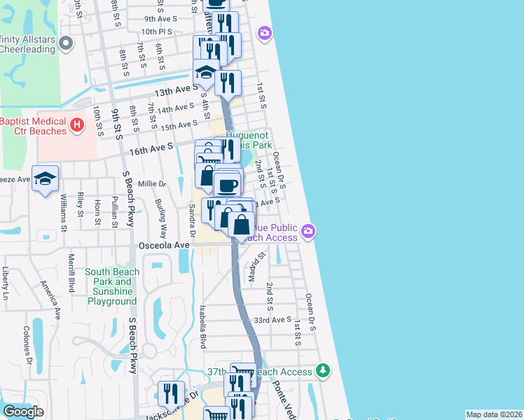 map of restaurants, bars, coffee shops, grocery stores, and more near 2117 Gail Avenue in Jacksonville Beach
