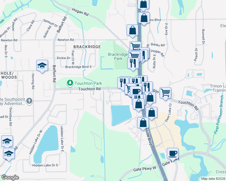 map of restaurants, bars, coffee shops, grocery stores, and more near 8550 Touchton Road in Jacksonville