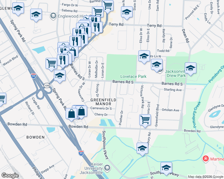 map of restaurants, bars, coffee shops, grocery stores, and more near 3006 Kegler Drive in Jacksonville