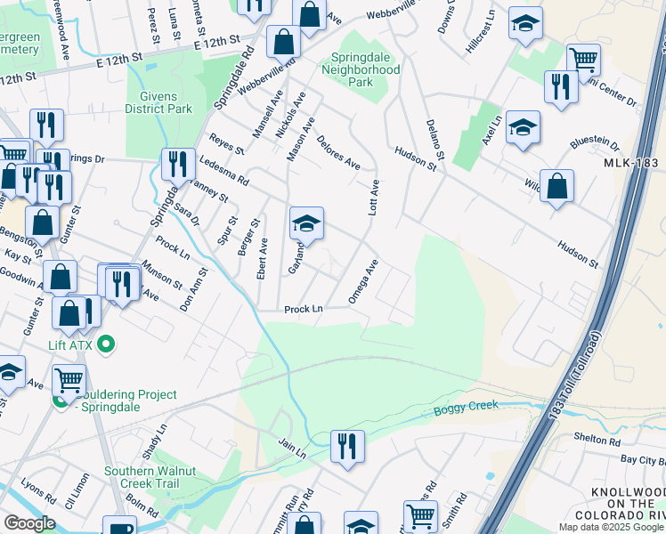 map of restaurants, bars, coffee shops, grocery stores, and more near 1036 Lott Avenue in Austin