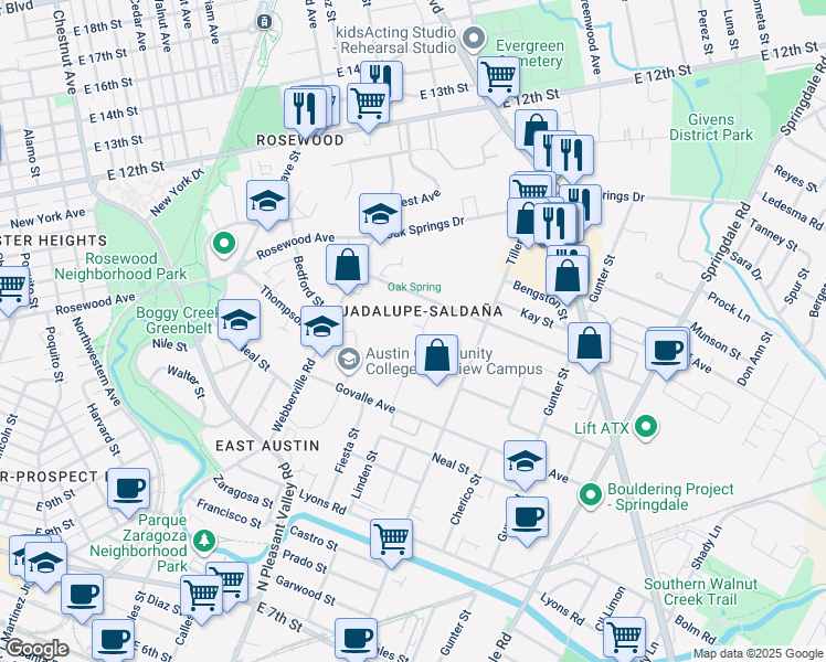 map of restaurants, bars, coffee shops, grocery stores, and more near 2807 Goodwin Avenue in Austin