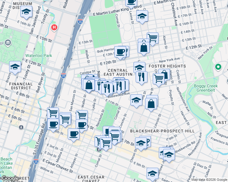 map of restaurants, bars, coffee shops, grocery stores, and more near 1309 Hackberry Street in Austin