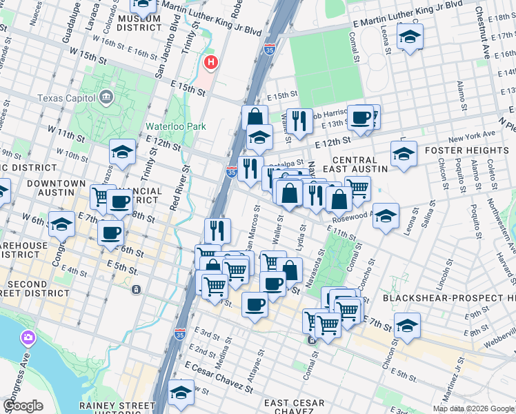 map of restaurants, bars, coffee shops, grocery stores, and more near 912 East 11th Street in Austin