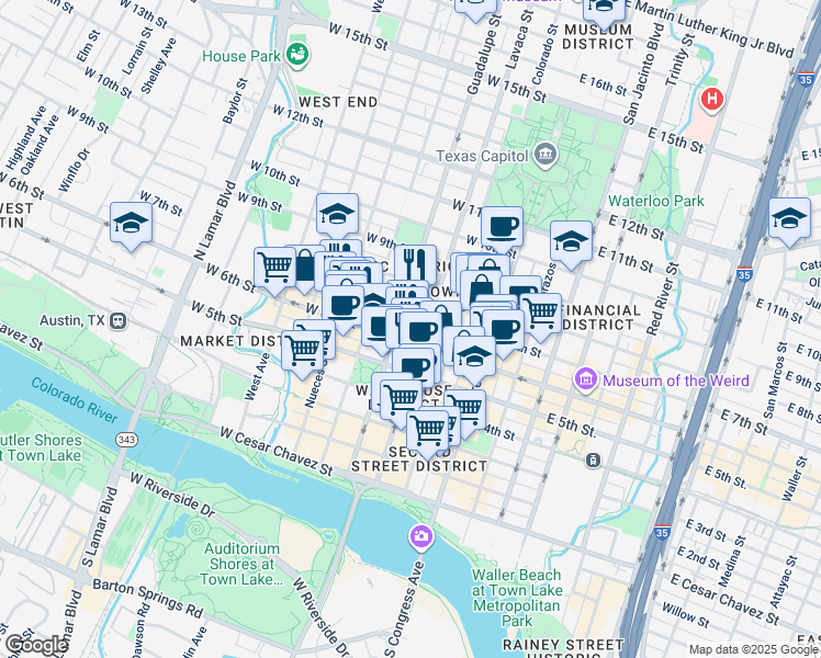 map of restaurants, bars, coffee shops, grocery stores, and more near 612 1/2 Guadalupe Street in Austin