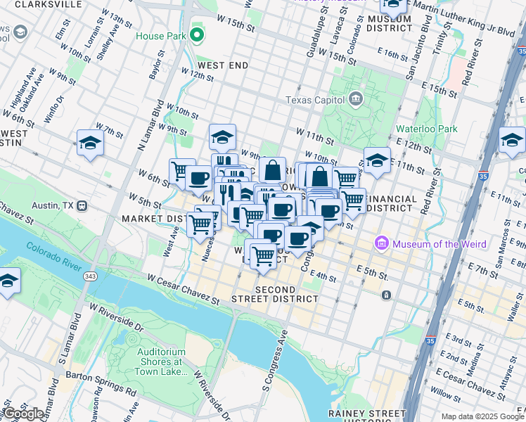 map of restaurants, bars, coffee shops, grocery stores, and more near 612 1/2 Guadalupe Street in Austin