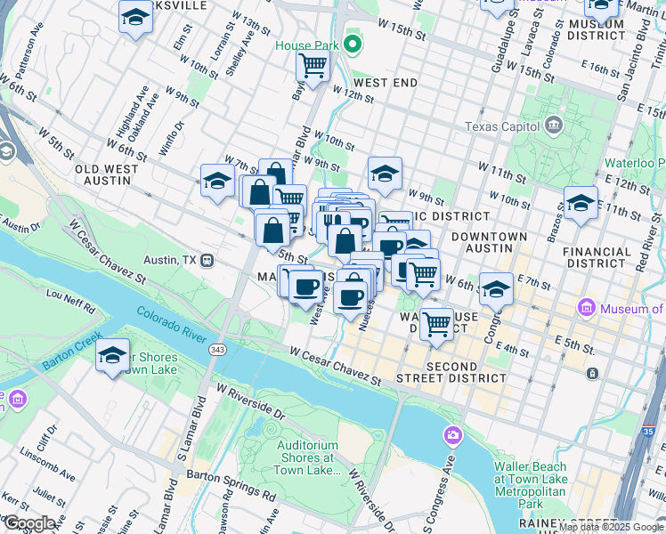 map of restaurants, bars, coffee shops, grocery stores, and more near 800 West 6th Street in Austin
