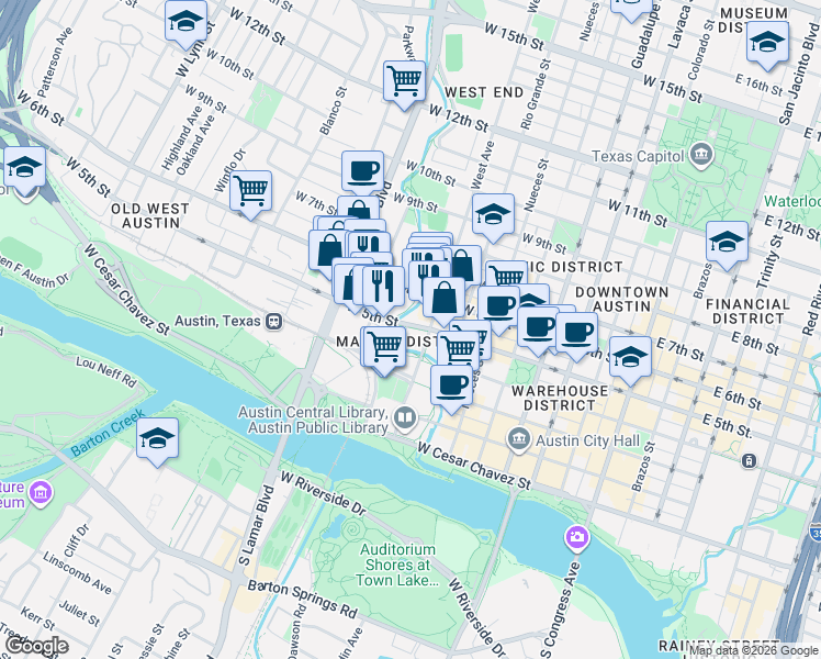 map of restaurants, bars, coffee shops, grocery stores, and more near 832 West 5th Street in Austin