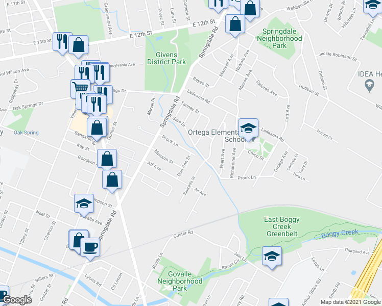 map of restaurants, bars, coffee shops, grocery stores, and more near Prock Ln & Don Ann St in Austin