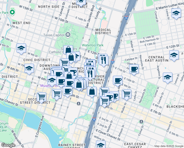 map of restaurants, bars, coffee shops, grocery stores, and more near Red River St & E 9th St in Austin