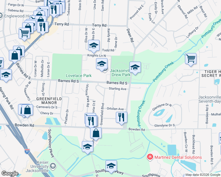 map of restaurants, bars, coffee shops, grocery stores, and more near Starling Avenue in Jacksonville