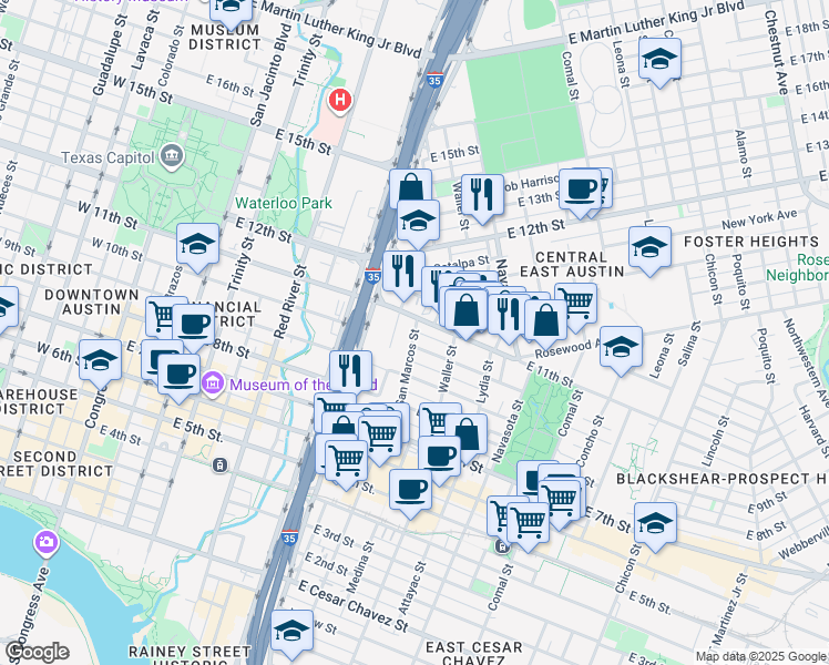 map of restaurants, bars, coffee shops, grocery stores, and more near 912 East 11th Street in Austin