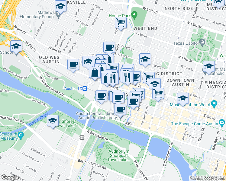 map of restaurants, bars, coffee shops, grocery stores, and more near 817 West 5th Street in Austin