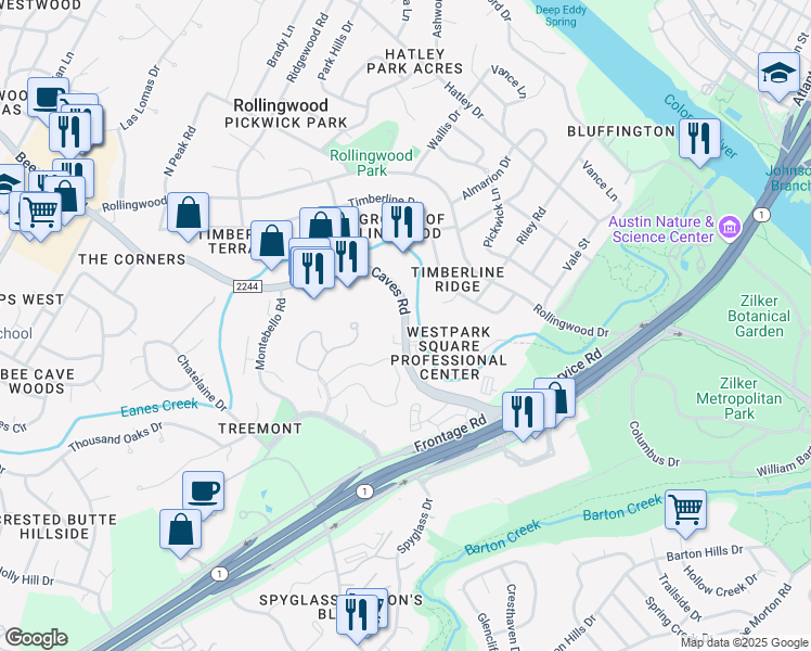 map of restaurants, bars, coffee shops, grocery stores, and more near 2705 Bee Caves Road in Austin
