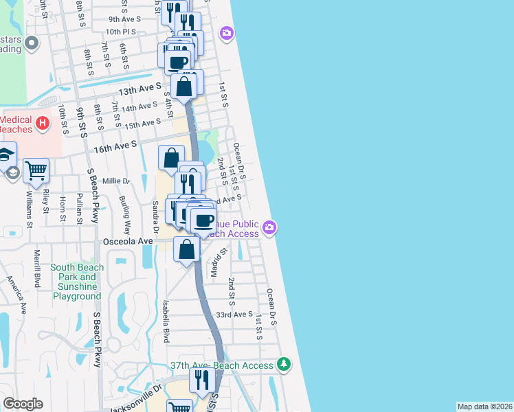 map of restaurants, bars, coffee shops, grocery stores, and more near 5 Ocean Front South in Jacksonville