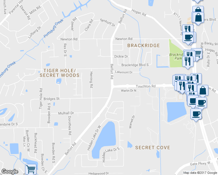 map of restaurants, bars, coffee shops, grocery stores, and more near 3124 Belfort Road in Jacksonville