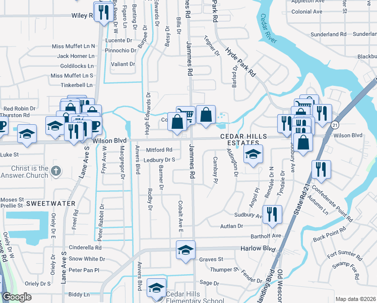 map of restaurants, bars, coffee shops, grocery stores, and more near 3604 East Ledbury Drive in Jacksonville