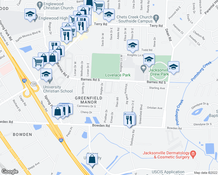 map of restaurants, bars, coffee shops, grocery stores, and more near 6200 Barnes Road South in Jacksonville