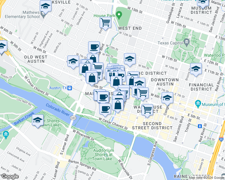 map of restaurants, bars, coffee shops, grocery stores, and more near W 5th St & West Ave in Austin
