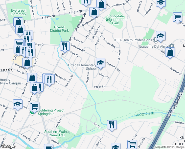 map of restaurants, bars, coffee shops, grocery stores, and more near 1130 Richardine Avenue in Austin