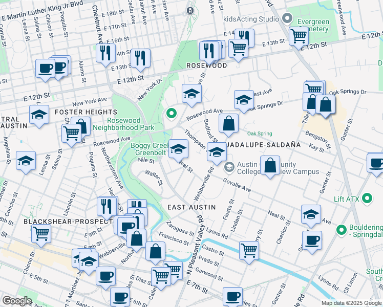 map of restaurants, bars, coffee shops, grocery stores, and more near 1099 Thompson Street in Austin