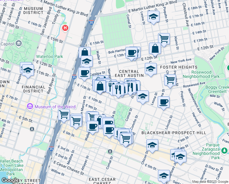 map of restaurants, bars, coffee shops, grocery stores, and more near in Austin