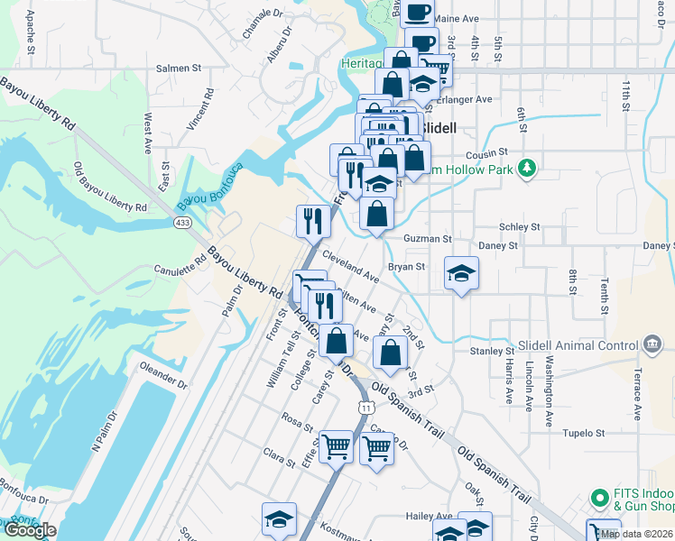 map of restaurants, bars, coffee shops, grocery stores, and more near 213 Cleveland Avenue in Slidell