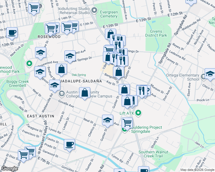 map of restaurants, bars, coffee shops, grocery stores, and more near 3302 Goodwin Avenue in Austin