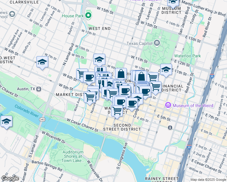 map of restaurants, bars, coffee shops, grocery stores, and more near 600 Guadalupe Street in Austin