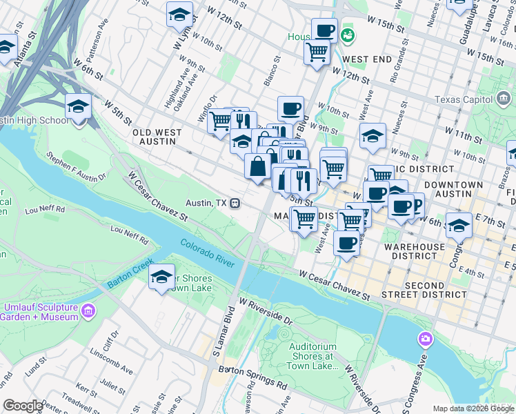 map of restaurants, bars, coffee shops, grocery stores, and more near 1011 West 5th Street in Austin