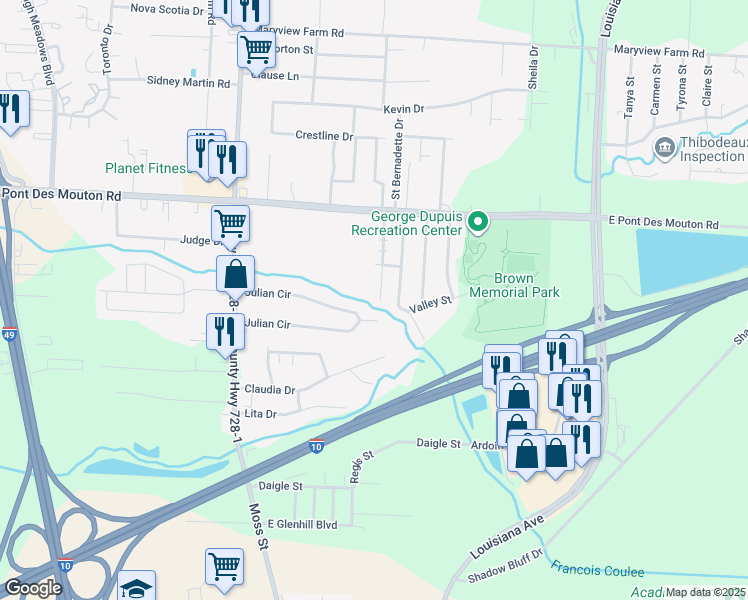 map of restaurants, bars, coffee shops, grocery stores, and more near 210 Rue Royale in Lafayette