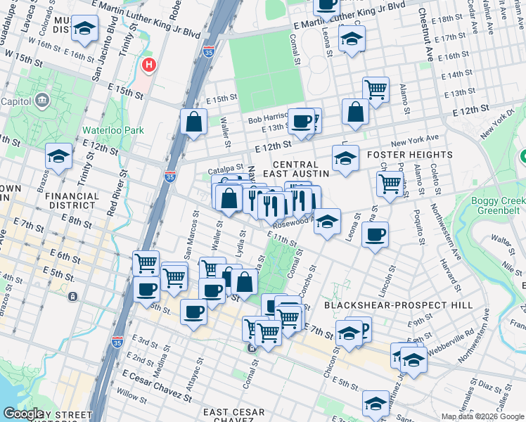map of restaurants, bars, coffee shops, grocery stores, and more near in Austin