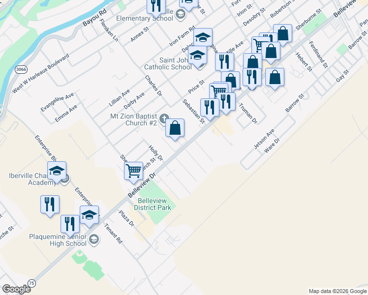 map of restaurants, bars, coffee shops, grocery stores, and more near Belleview Drive in Plaquemine