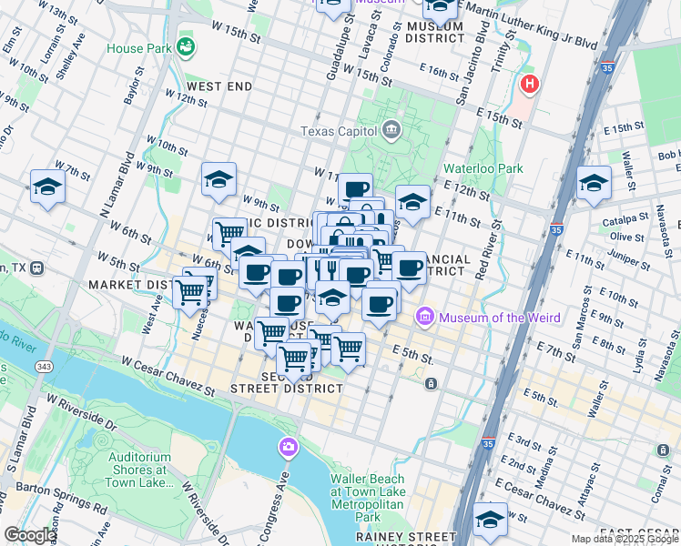 map of restaurants, bars, coffee shops, grocery stores, and more near in Austin