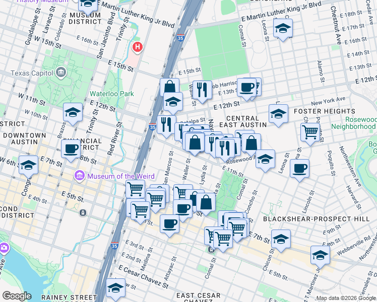 map of restaurants, bars, coffee shops, grocery stores, and more near 1010 East 11th Street in Austin