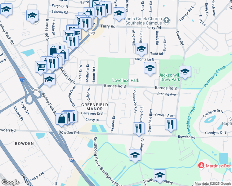 map of restaurants, bars, coffee shops, grocery stores, and more near 6200 Barnes Road South in Jacksonville