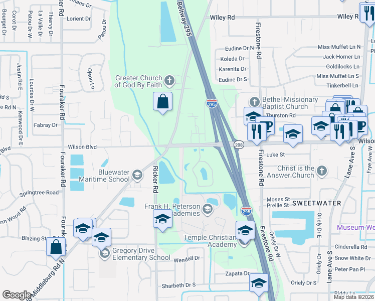 map of restaurants, bars, coffee shops, grocery stores, and more near 7451 State Highway 208 in Jacksonville